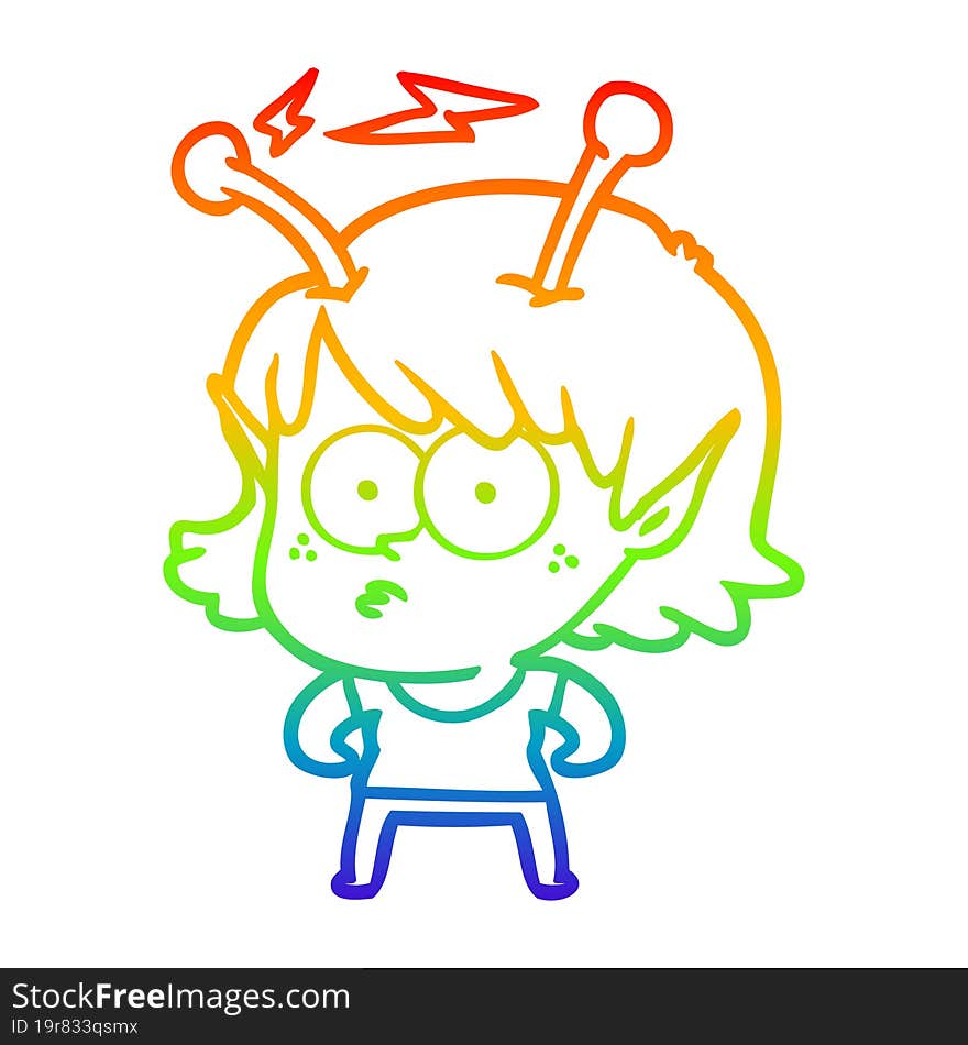 rainbow gradient line drawing of a cartoon alien girl