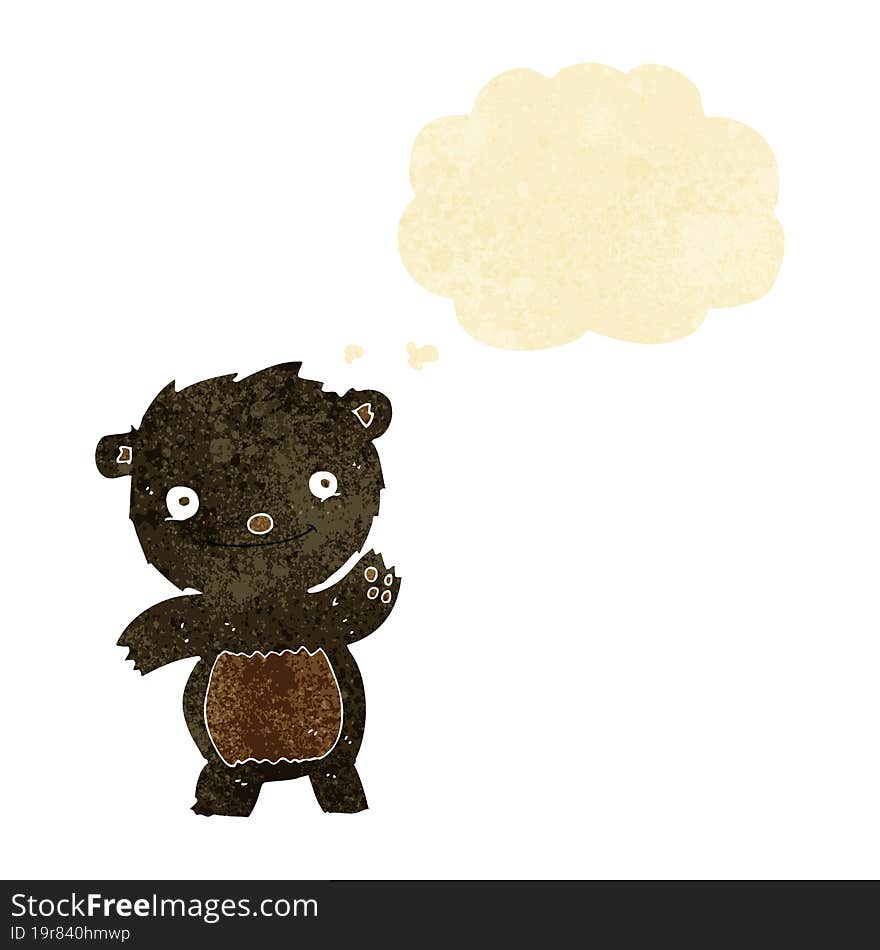 cartoon waving black bear cub with thought bubble