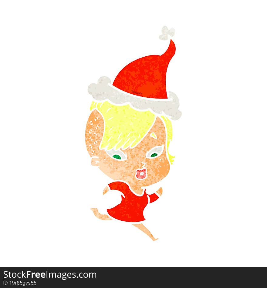 retro cartoon of a surprised girl wearing santa hat