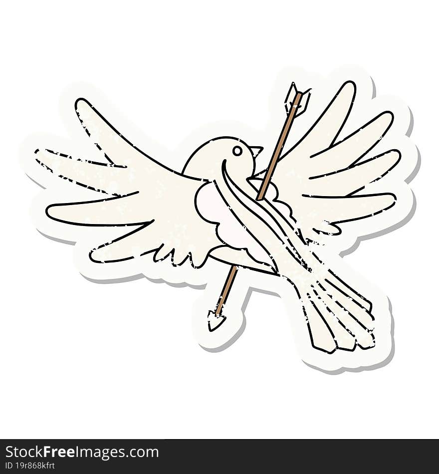 distressed sticker tattoo in traditional style of a dove pierced with arrow. distressed sticker tattoo in traditional style of a dove pierced with arrow