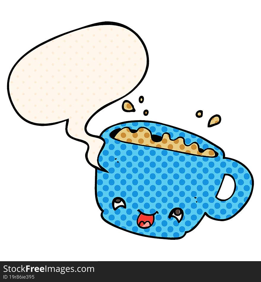 cartoon cup of coffee with speech bubble in comic book style