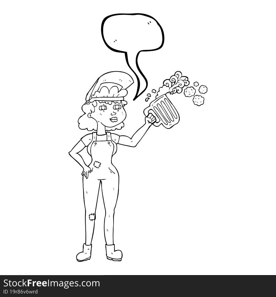 Speech Bubble Cartoon Hard Working Woman With Beer