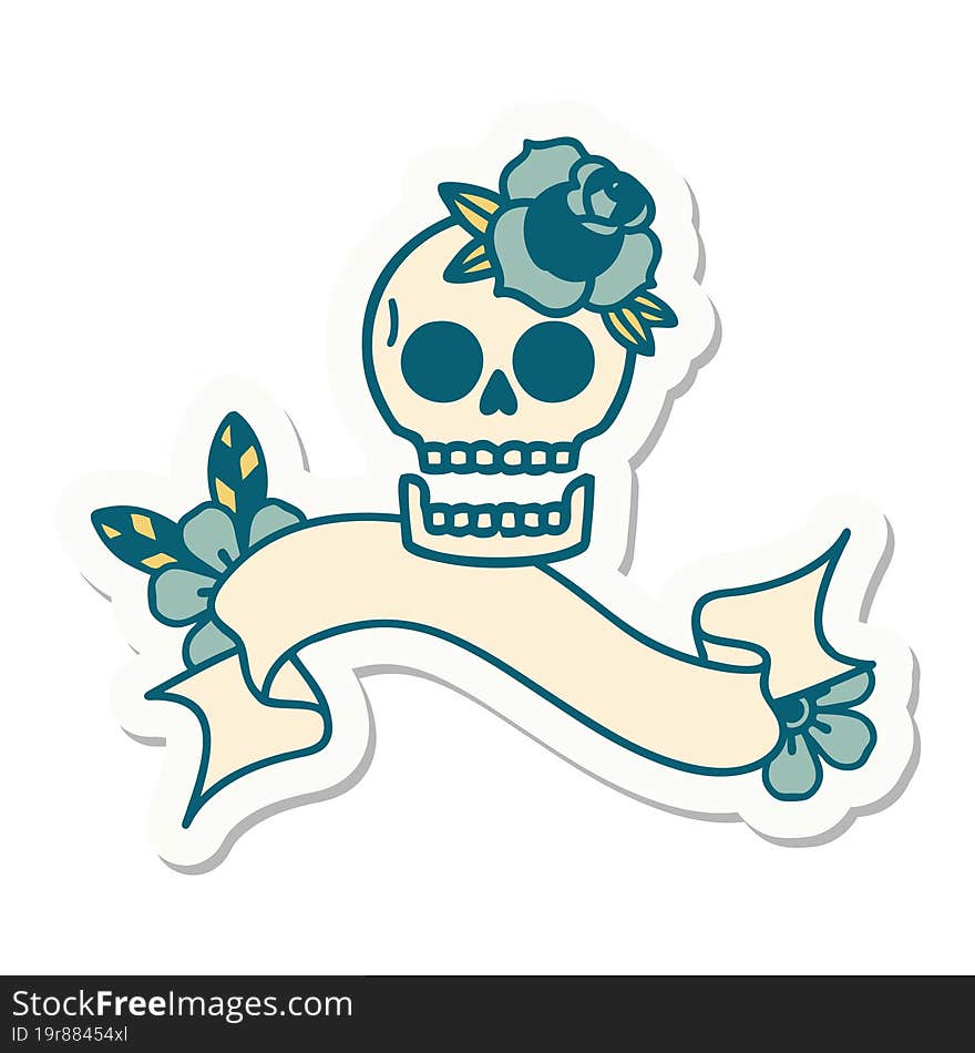 Tattoo Sticker With Banner Of A Skull And Rose