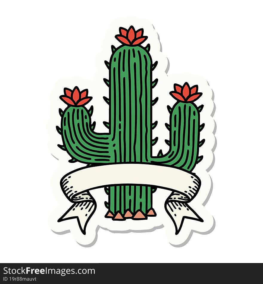 tattoo style sticker with banner of a cactus