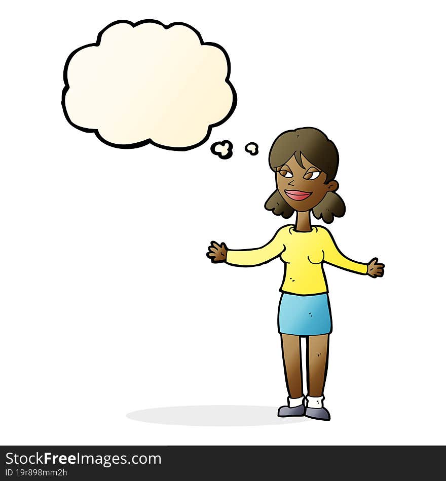 cartoon happy woman shrugging shoulders with thought bubble