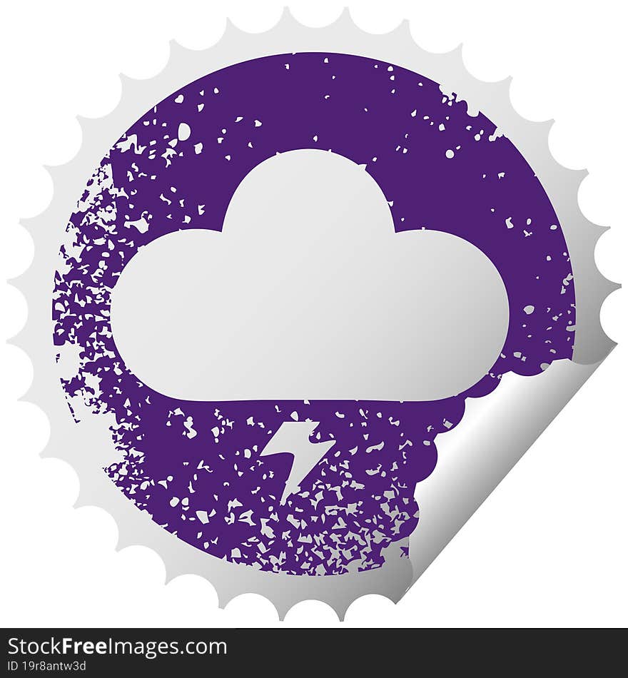 distressed circular peeling sticker symbol thunder cloud