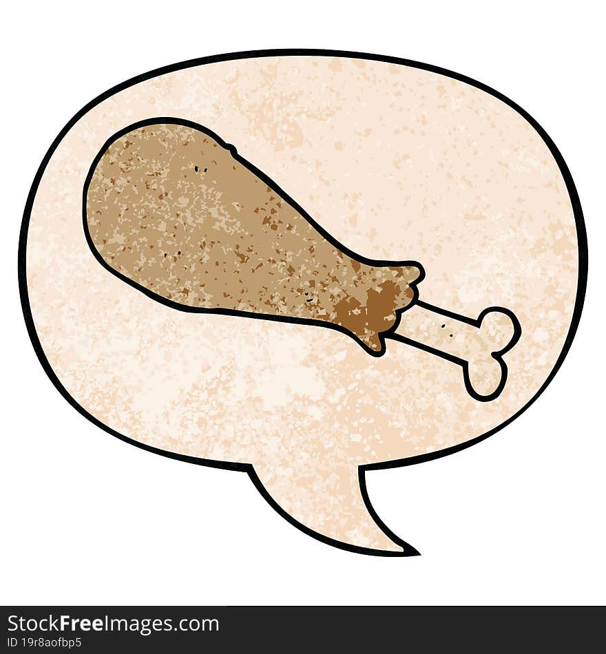 cartoon chicken leg and speech bubble in retro texture style