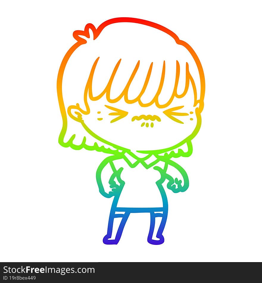 Rainbow Gradient Line Drawing Annoyed Cartoon Girl