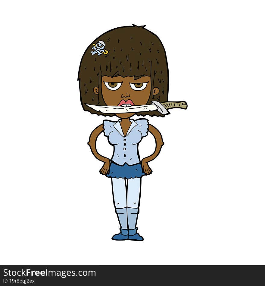 cartoon woman with knife between teeth