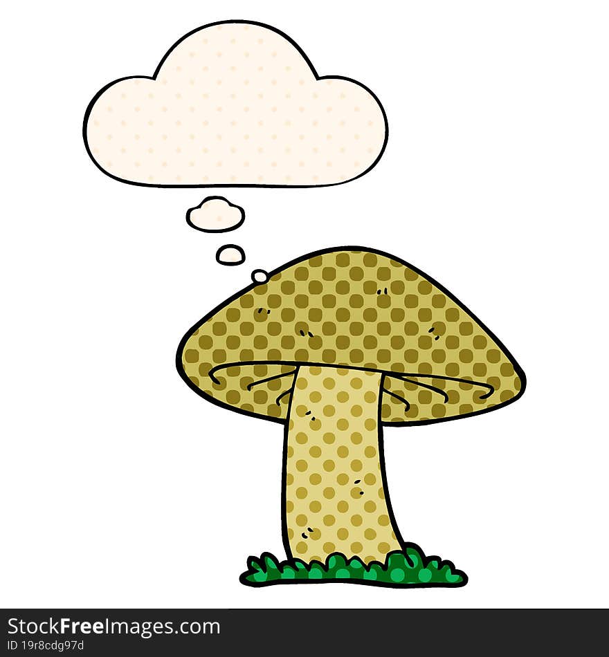 cartoon mushroom with thought bubble in comic book style