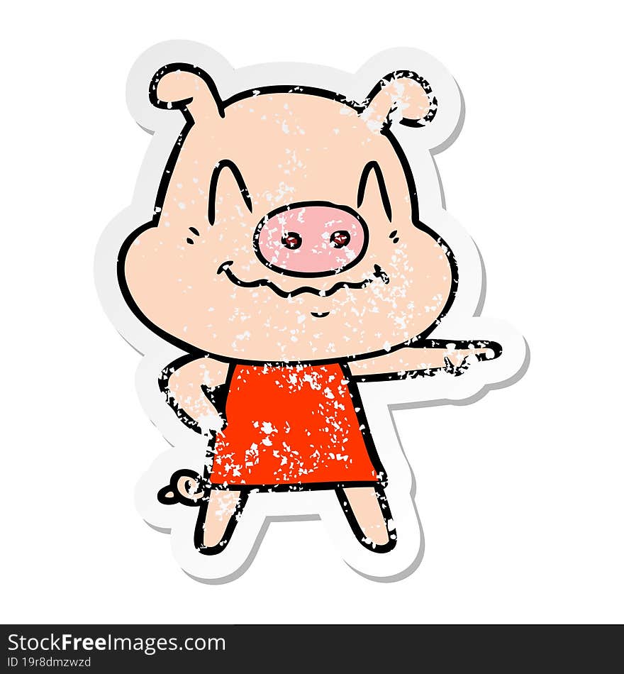 distressed sticker of a nervous cartoon pig wearing dress