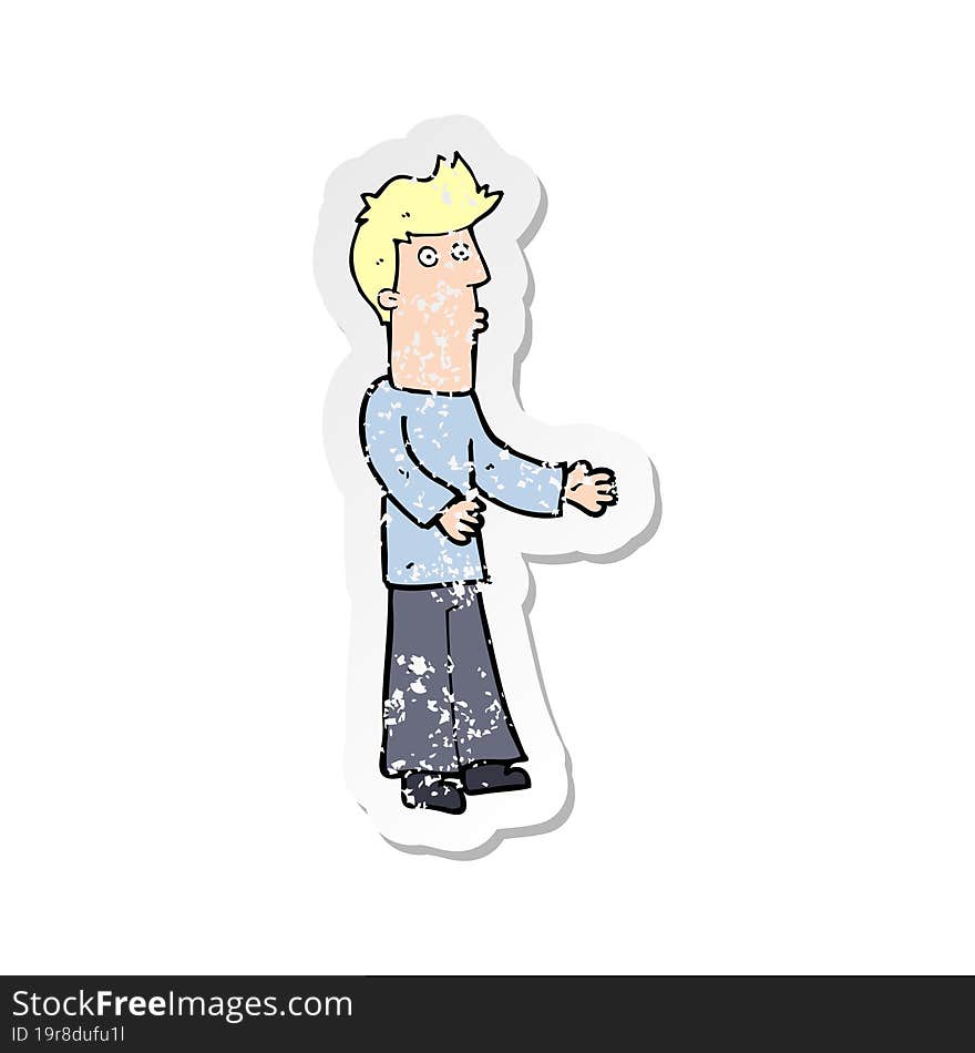 retro distressed sticker of a cartoon man explaining