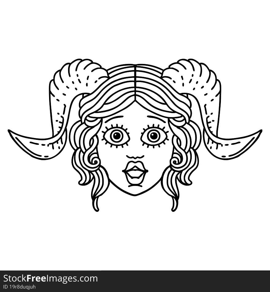 Black and White Tattoo linework Style tiefling character face. Black and White Tattoo linework Style tiefling character face