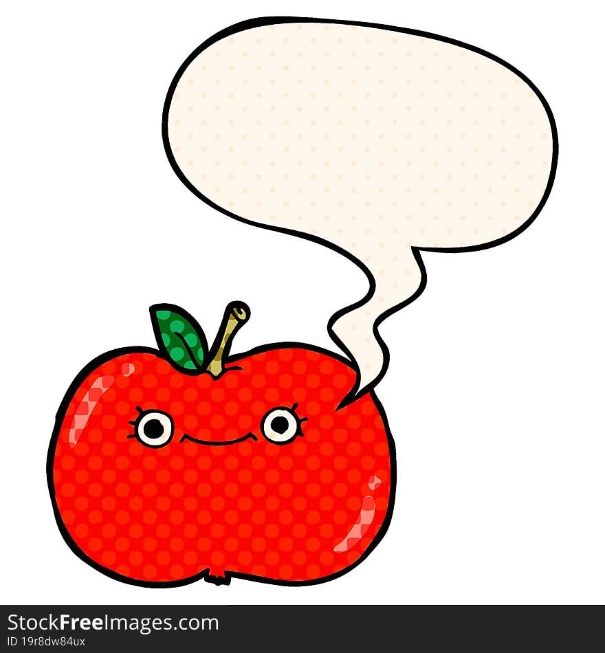 Cute Cartoon Apple And Speech Bubble In Comic Book Style