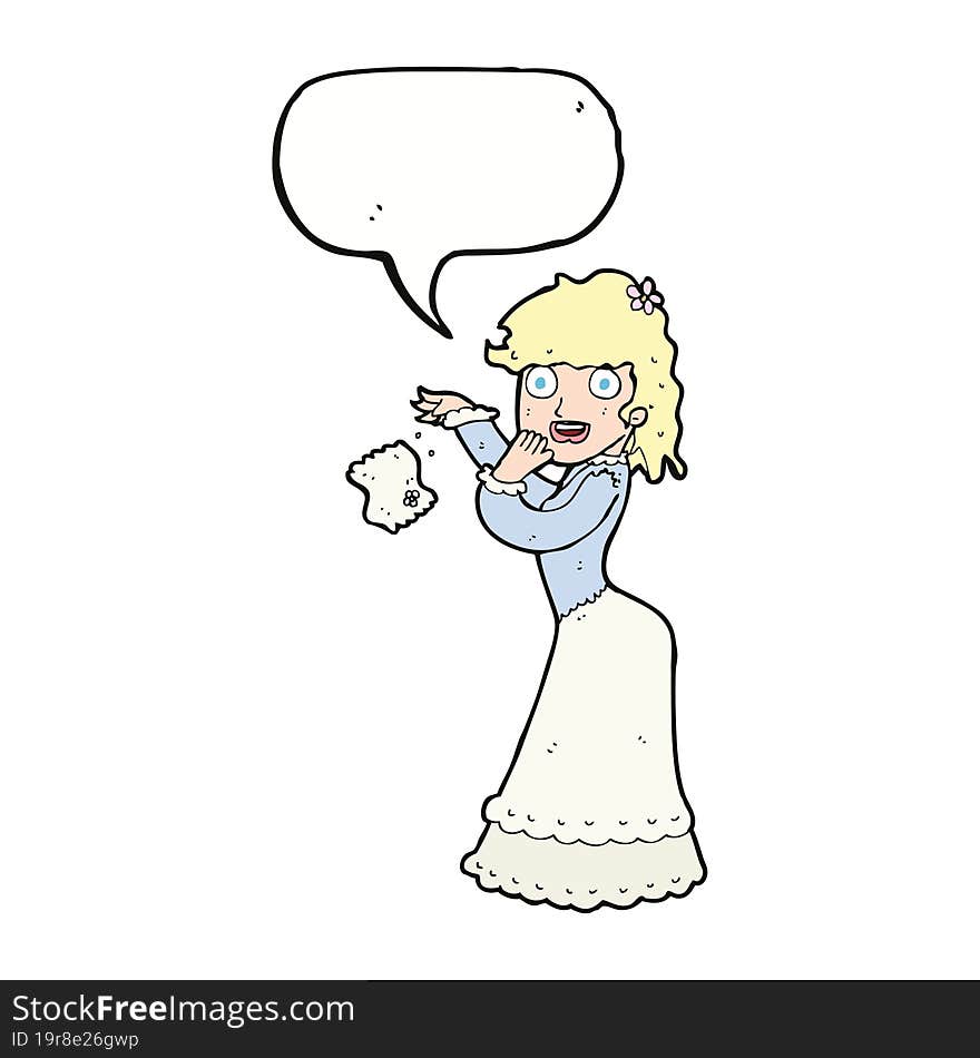 cartoon victorian woman dropping handkerchief with speech bubble