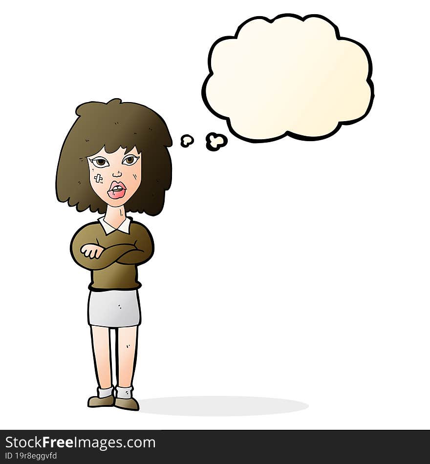 Cartoon Tough Woman With Folded Arms With Thought Bubble