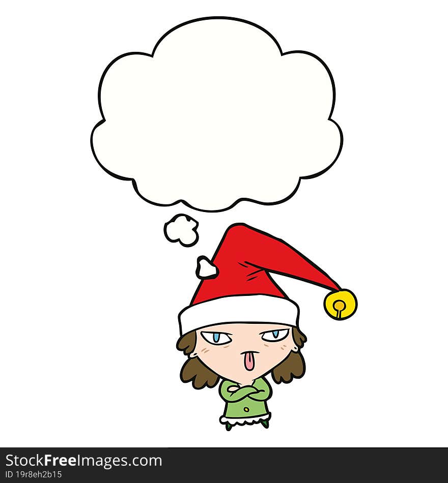 cartoon girl wearing christmas hat with thought bubble