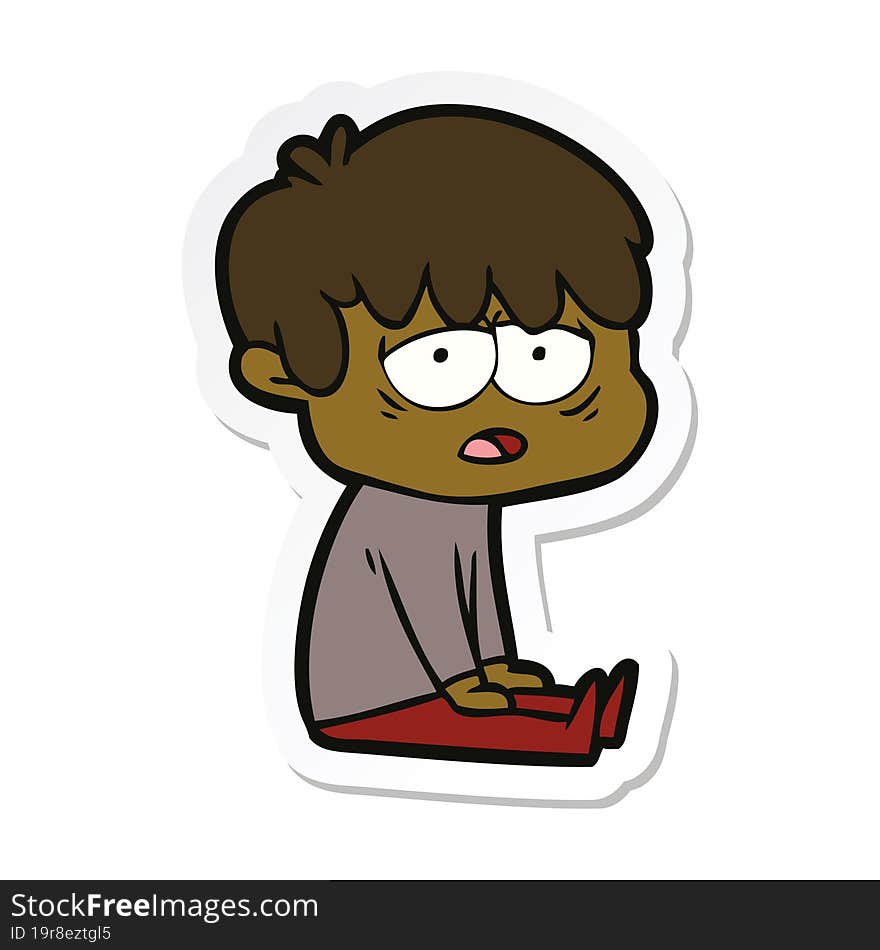 sticker of a cartoon exhausted boy