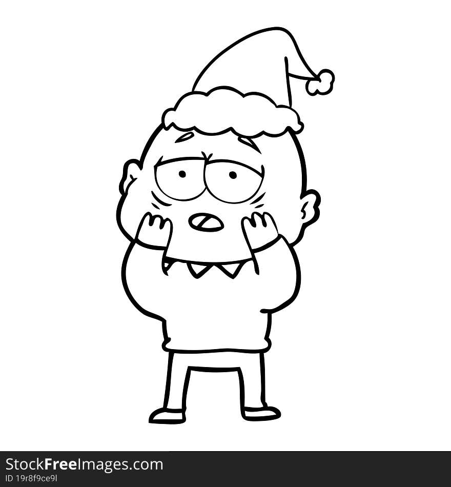 line drawing of a tired bald man wearing santa hat