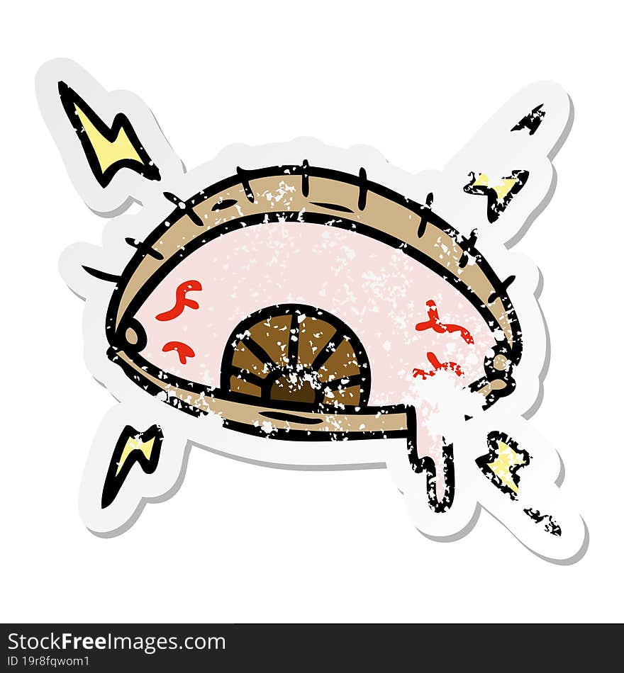 distressed sticker cartoon doodle of an enraged eye