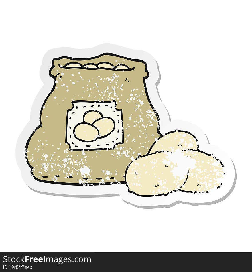 distressed sticker of a cartoon bag of potatoes