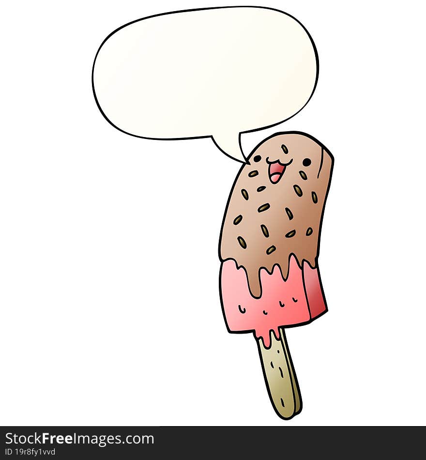 cute cartoon happy ice lolly and speech bubble in smooth gradient style