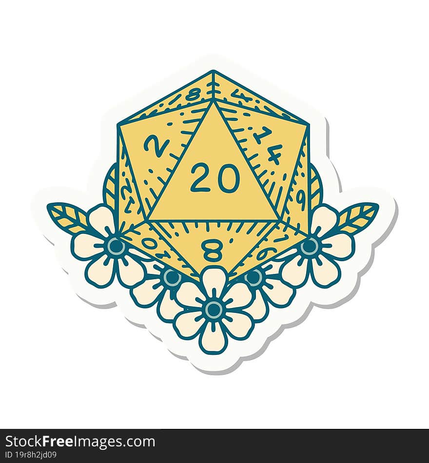 natural 20 D20 dice roll with floral elements sticker