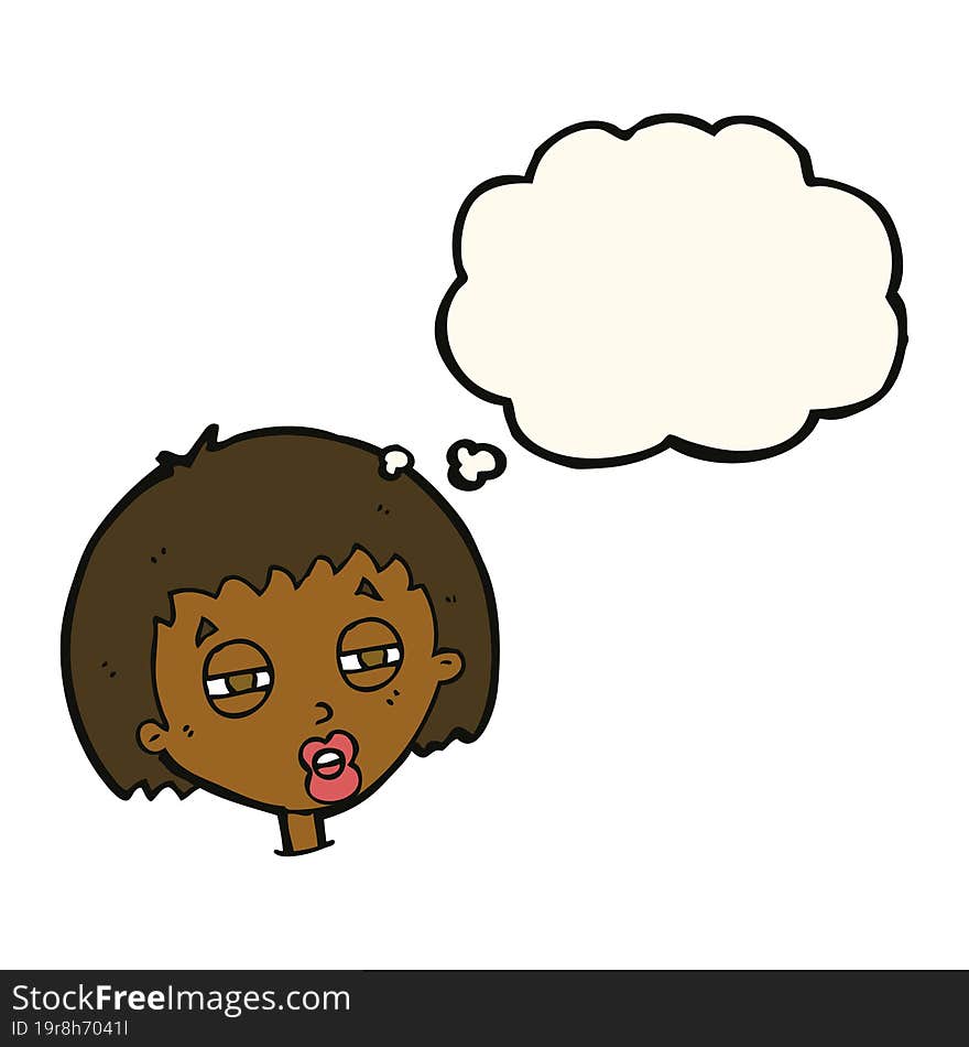 cartoon woman narrowing eyes with thought bubble