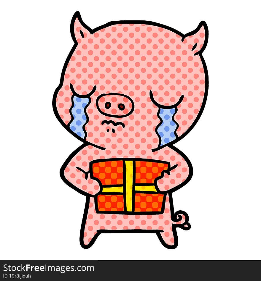 cartoon pig crying over christmas present. cartoon pig crying over christmas present