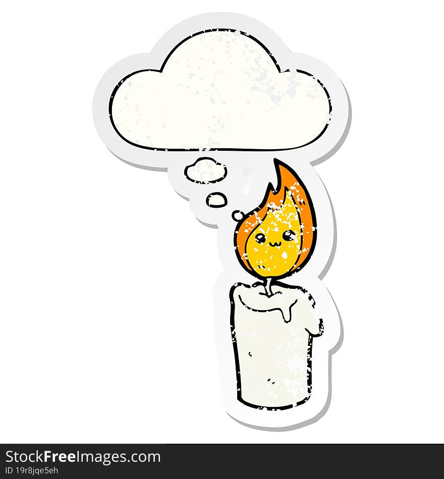 cartoon candle character and thought bubble as a distressed worn sticker