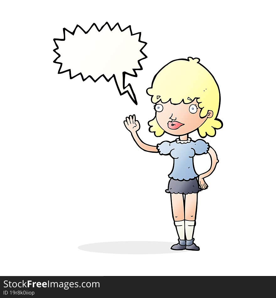 cartoon waving woman with speech bubble