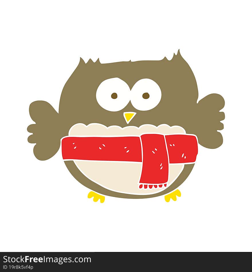 flat color illustration of a cartoon owl wearing scarf