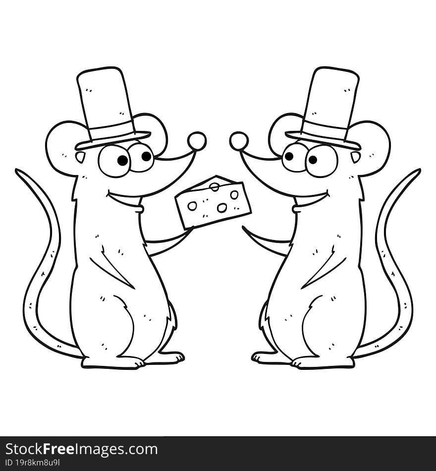 freehand drawn black and white cartoon mice with cheese