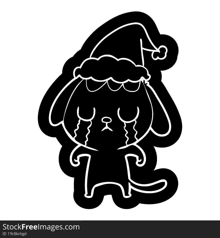 cute cartoon icon of a dog crying wearing santa hat