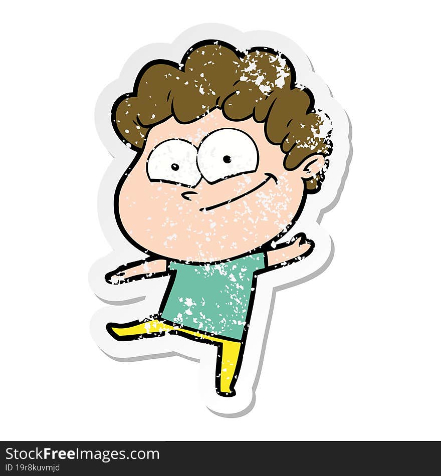 distressed sticker of a cartoon happy man