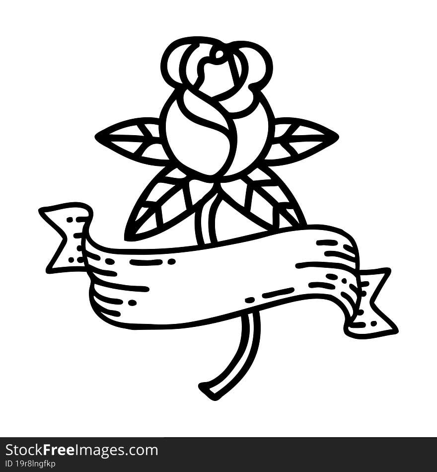 black line tattoo of a rose and banner