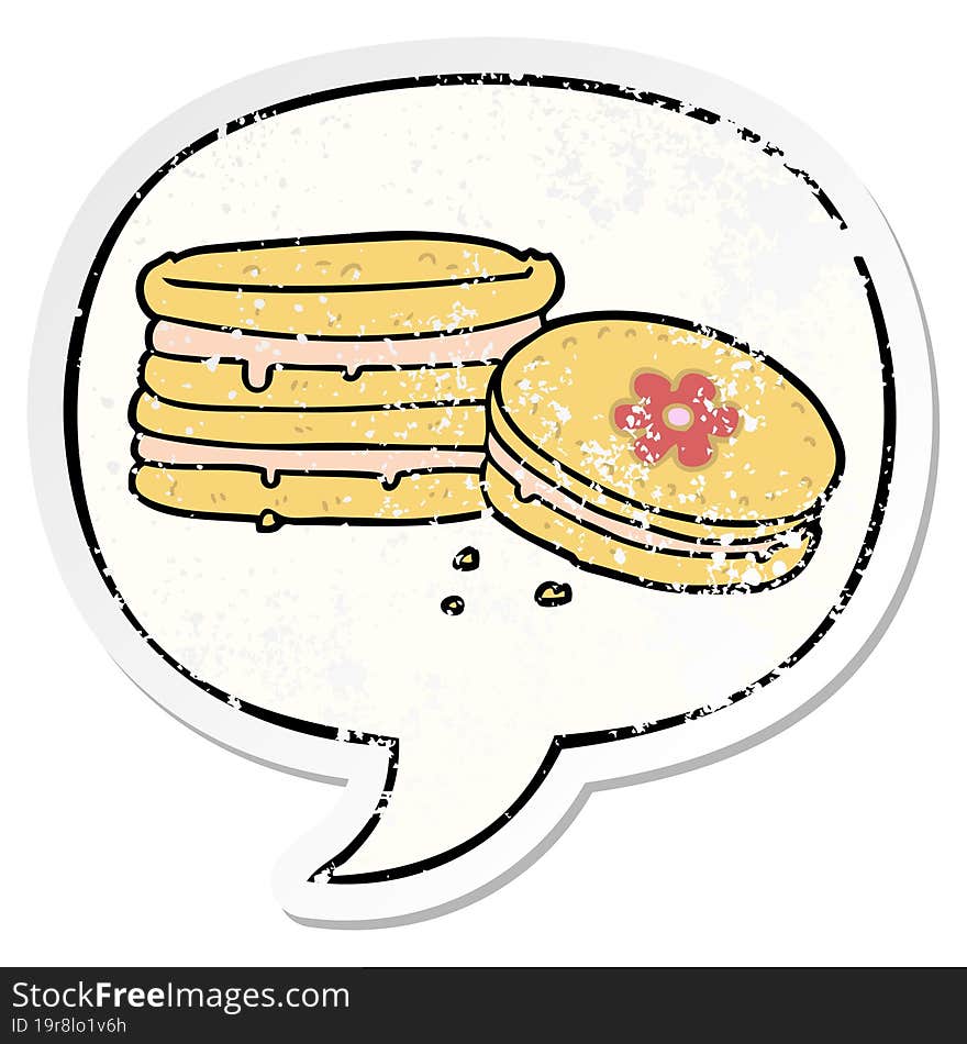 cartoon biscuit and speech bubble distressed sticker