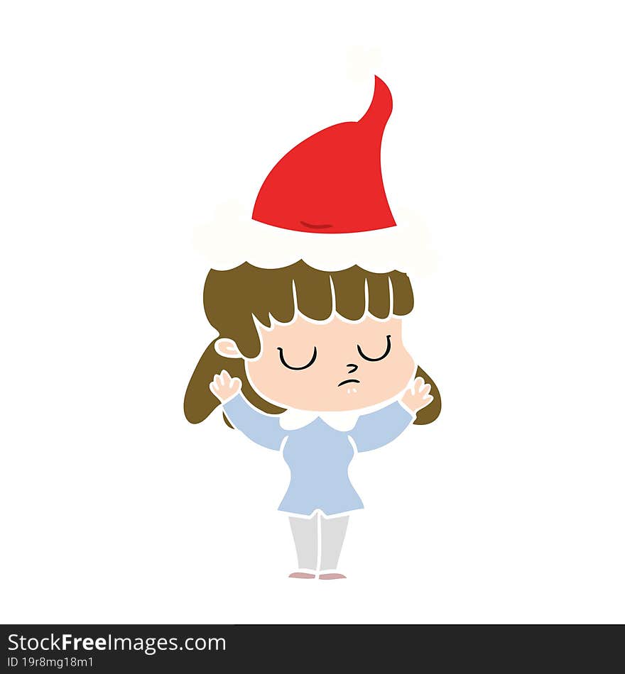 flat color illustration of a indifferent woman wearing santa hat