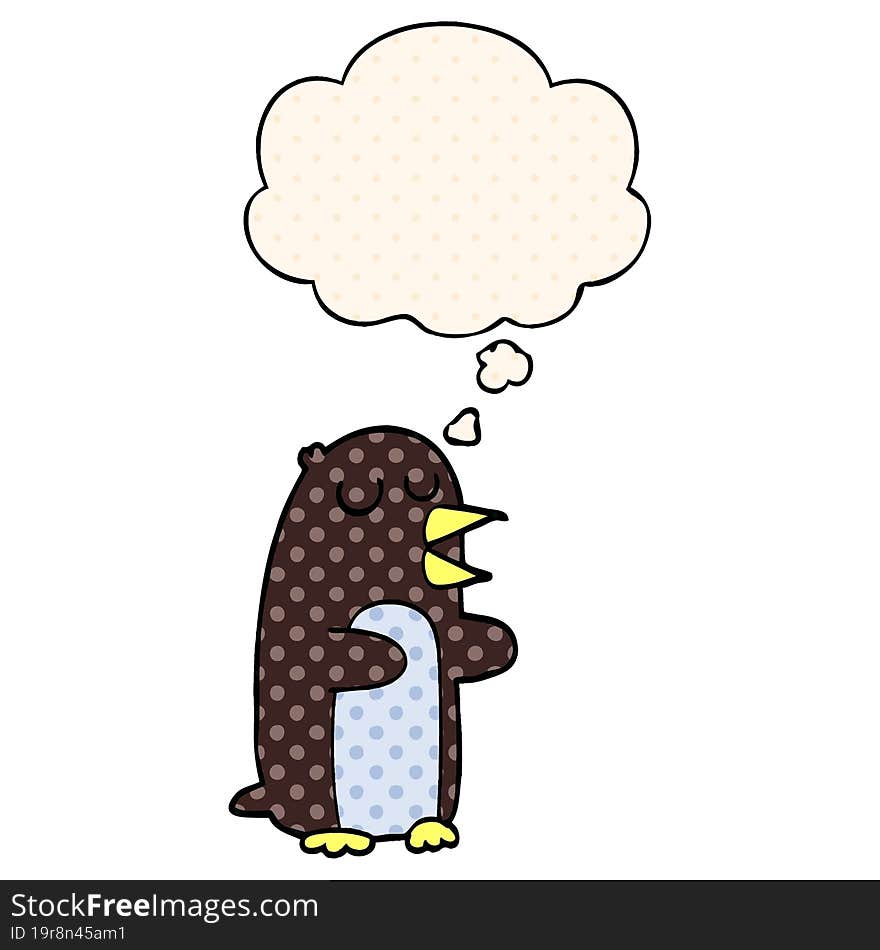 cartoon penguin and thought bubble in comic book style