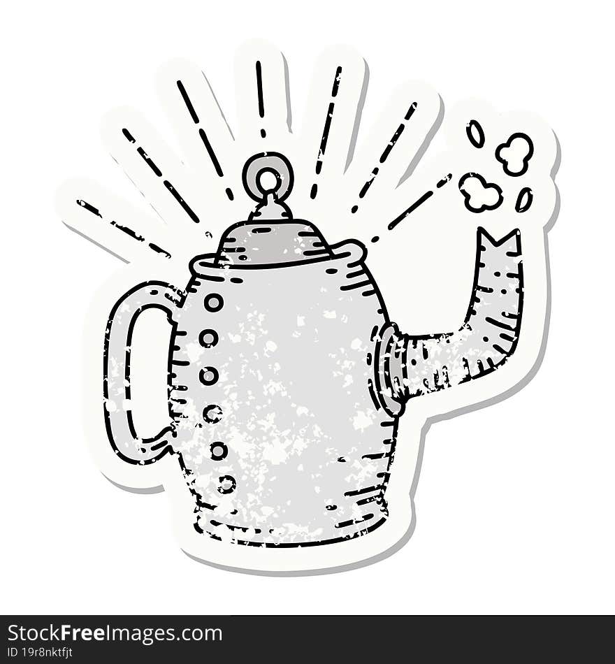 grunge sticker of tattoo style old coffee pot steaming