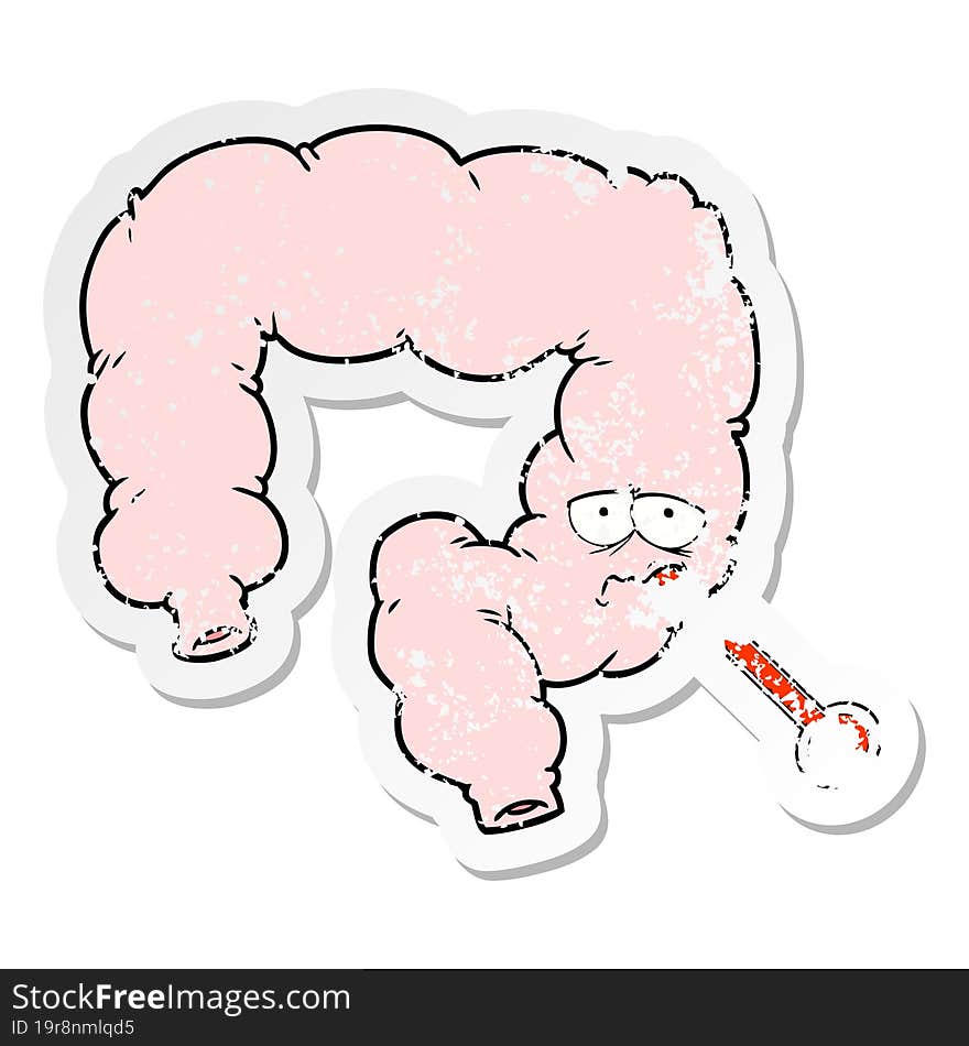 distressed sticker of a cartoon unhealthy colon