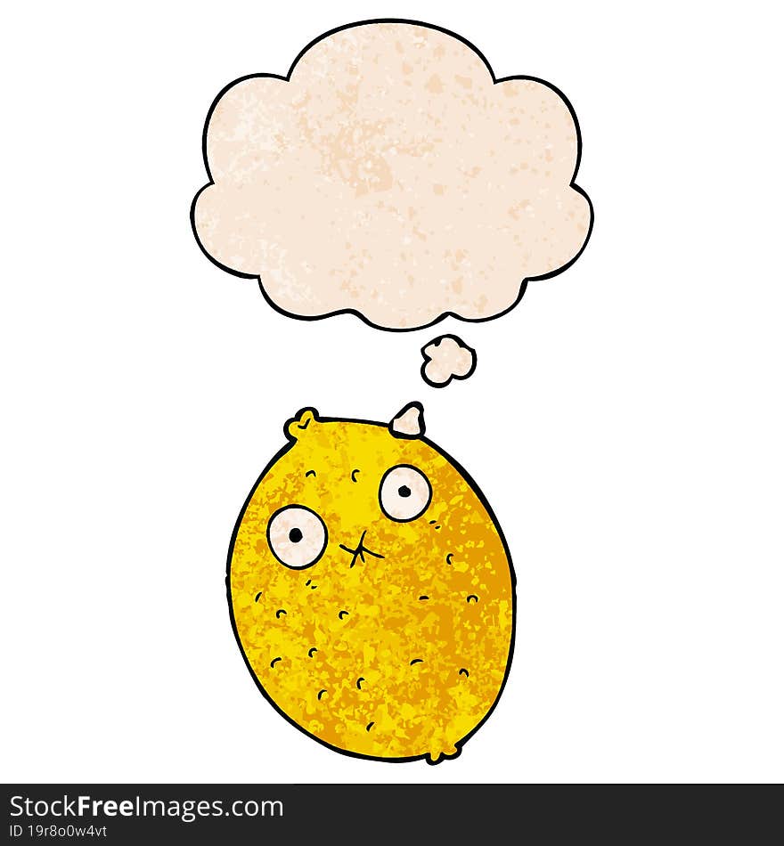 cartoon bitter lemon with thought bubble in grunge texture style. cartoon bitter lemon with thought bubble in grunge texture style