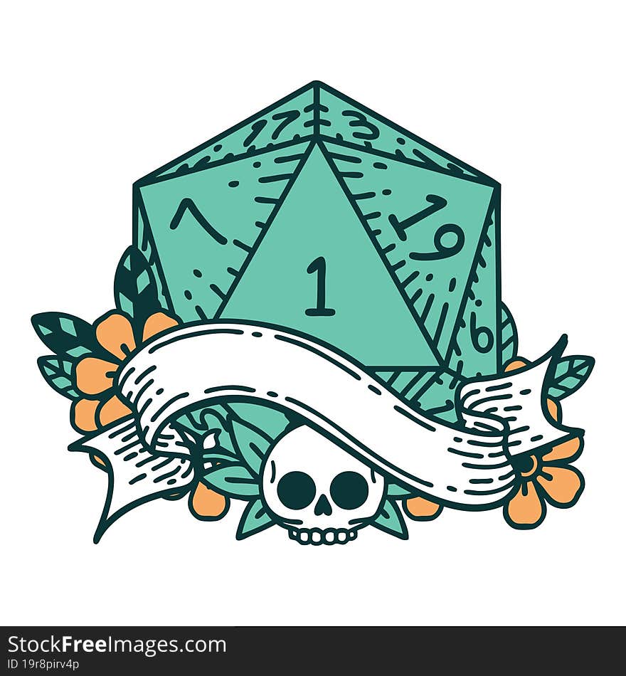 Retro Tattoo Style natural one d20 dice roll. Retro Tattoo Style natural one d20 dice roll