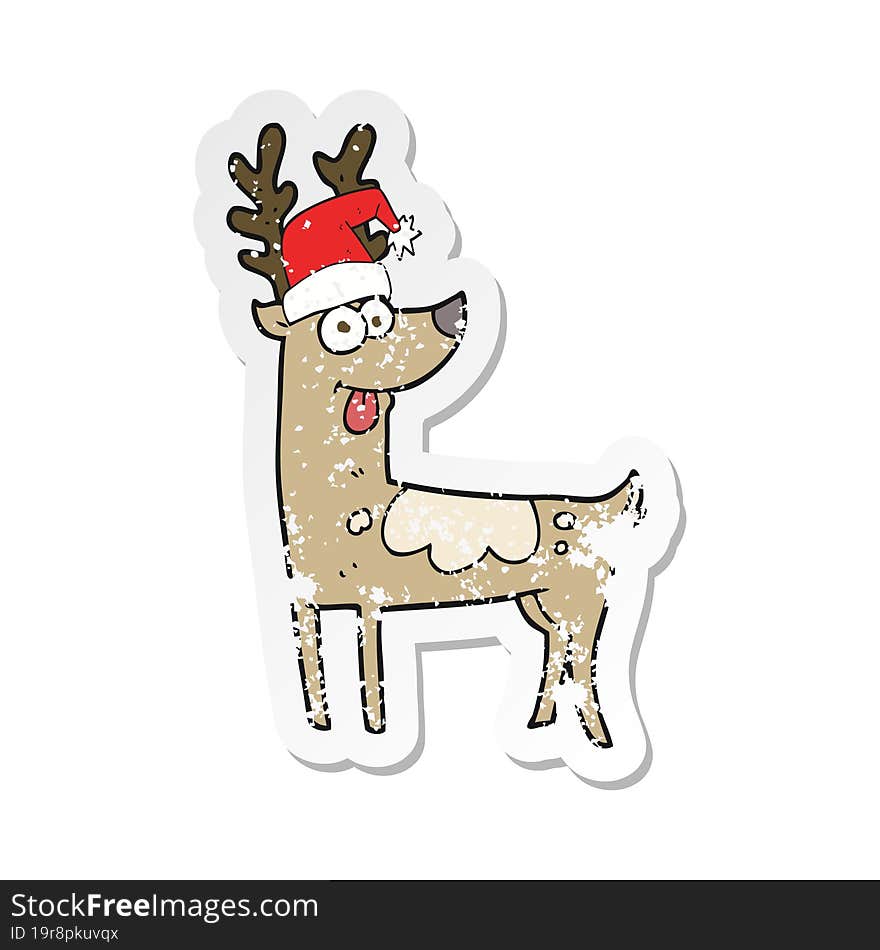 retro distressed sticker of a cartoon crazy reindeer