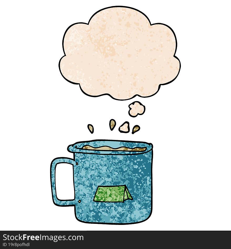 cartoon camping mug and thought bubble in grunge texture pattern style