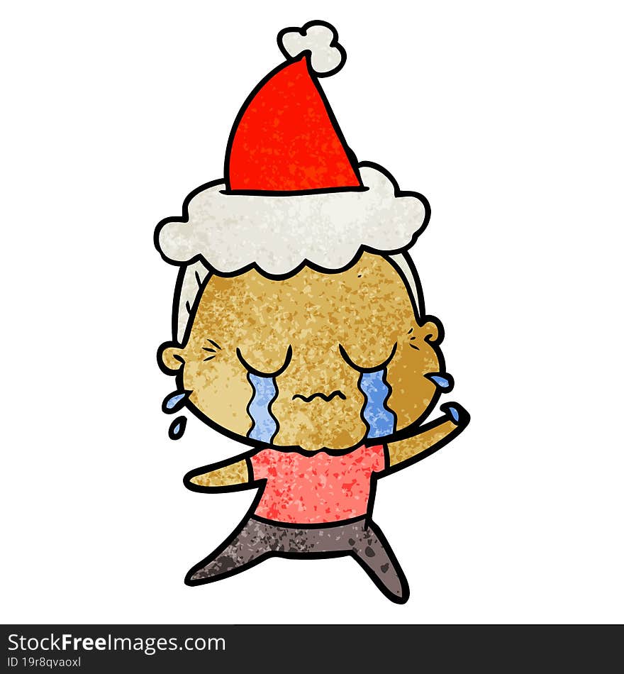 hand drawn textured cartoon of a crying old lady wearing santa hat