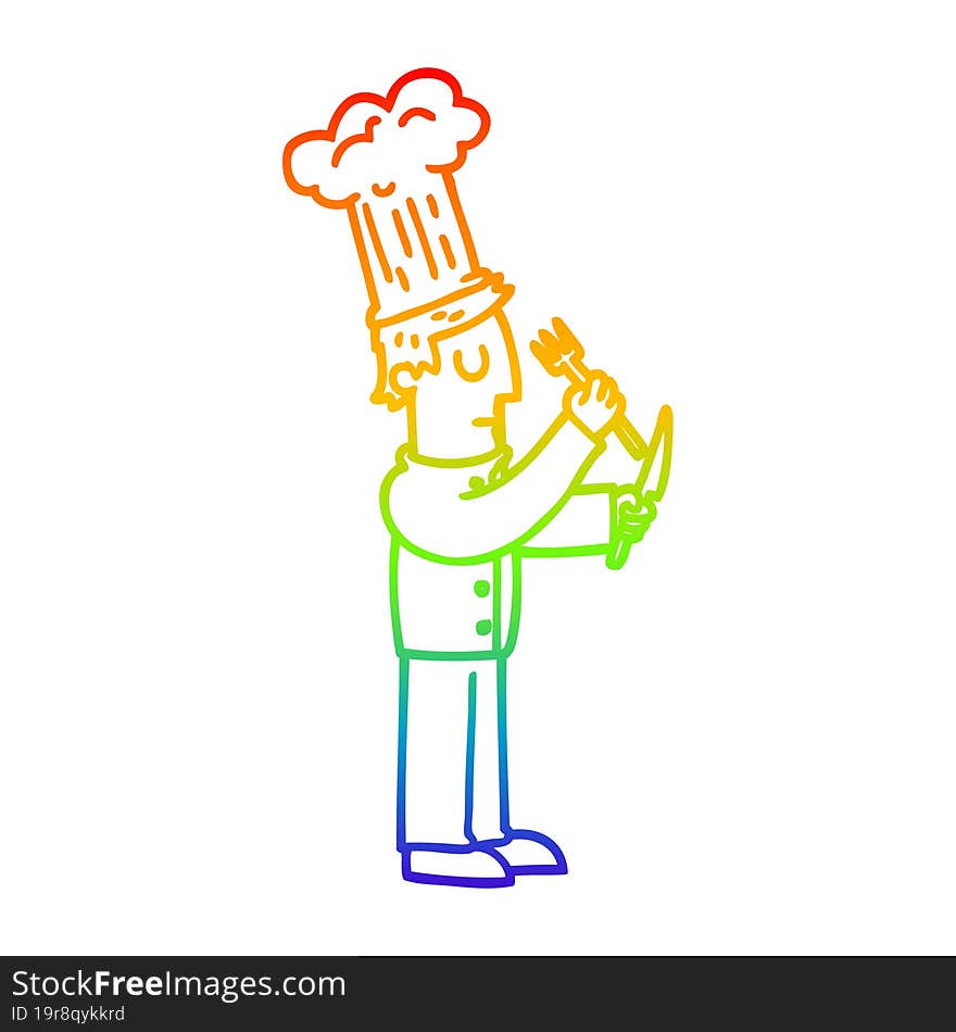 rainbow gradient line drawing of a cartoon chef with knife and fork