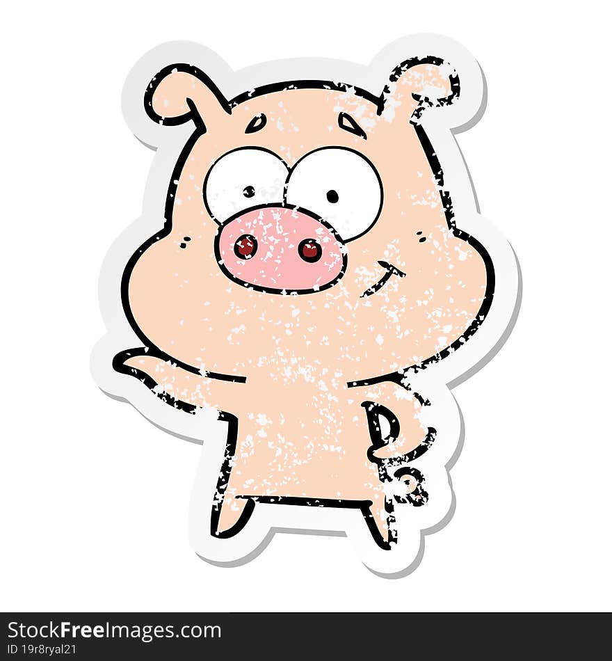 distressed sticker of a cartoon pig pointing