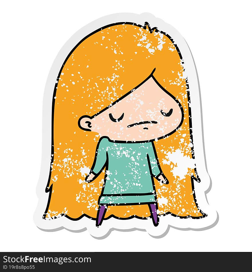 distressed sticker cartoon illustration of a cute kawaii girl. distressed sticker cartoon illustration of a cute kawaii girl