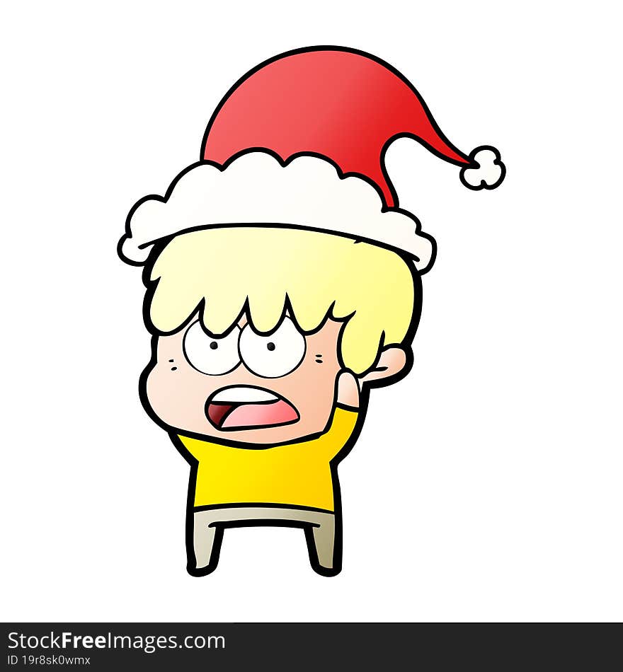 worried gradient cartoon of a boy wearing santa hat